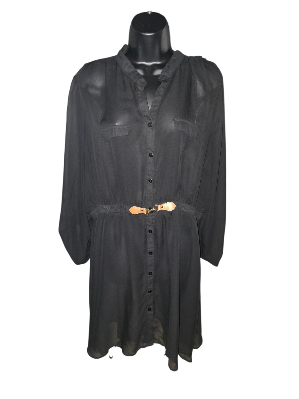 RNB Sheer Long-Sleeve Button-Front Dress with Tan Accent Belt